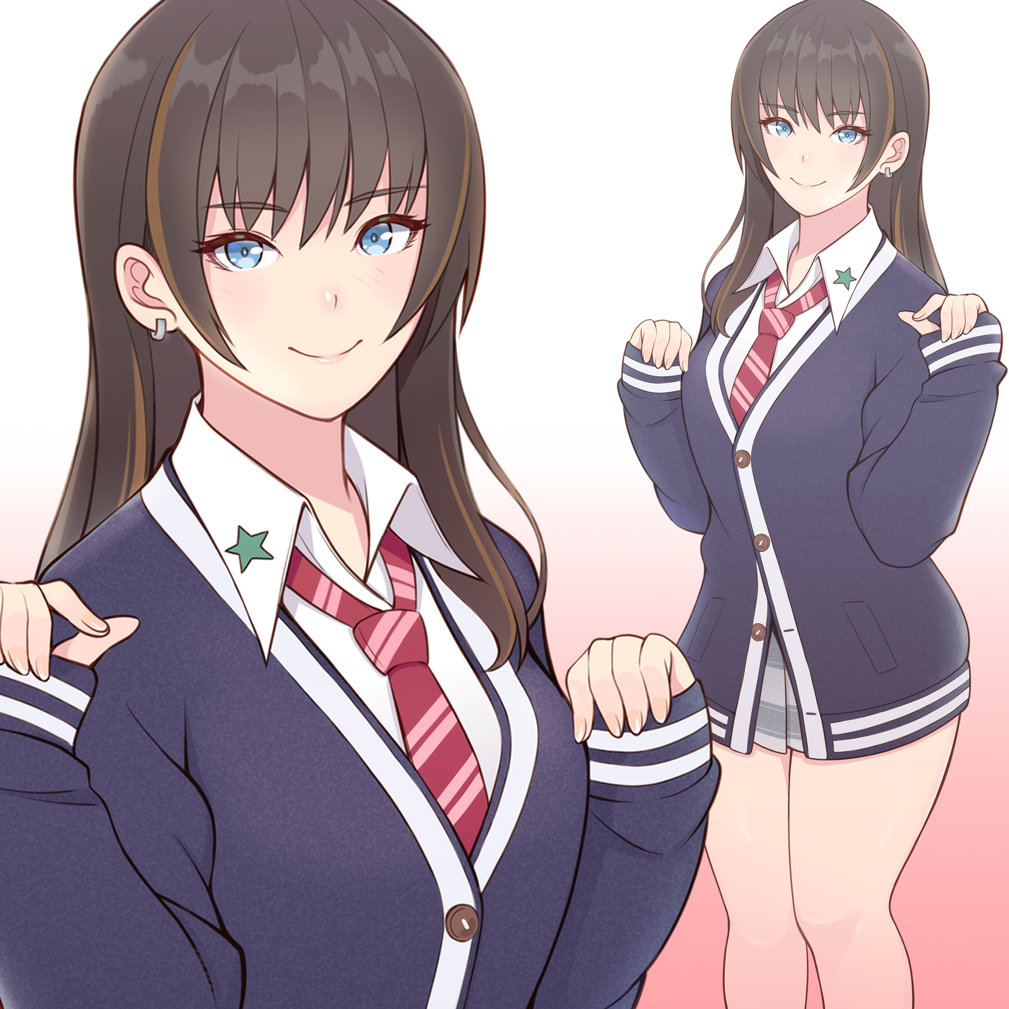 konishiki (52siki), nanami (doa), dead or alive, dead or alive xtreme, highres, 1girl, blue eyes, blush, breasts, brown hair, buttons, cropped legs, cropped torso, earrings, gradient background, hand up, hands up, jacket, jewelry, large breasts, looking at viewer, miniskirt, multicolored hair, necktie, school uniform, skirt, smile, star (symbol), sweater, thighhighs, two-tone hair