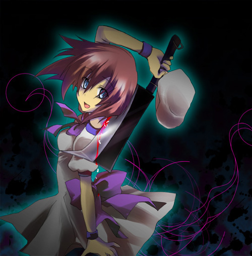 ryuuguu rena, higurashi no naku koro ni, 00s, 1girl, billhook, blood, blue eyes, female focus, hashitsuki nata, hatchet, nata (tool), solo, weapon