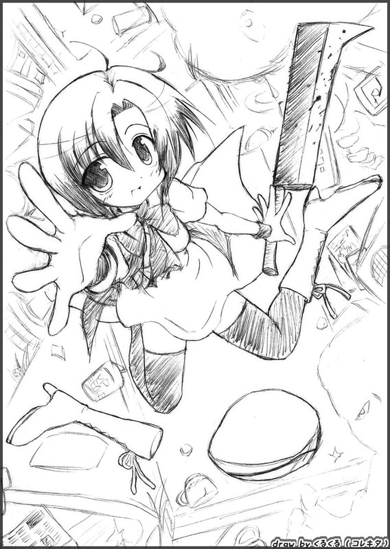soutou, ryuuguu rena, higurashi no naku koro ni, 00s, 1girl, billhook, female focus, greyscale, hashitsuki nata, hatchet, monochrome, nata (tool), short hair, solo, thighhighs, weapon