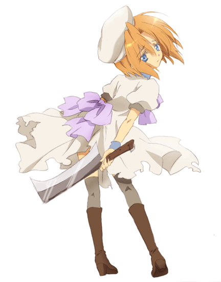 kona, kona (canaria), ryuuguu rena, higurashi no naku koro ni, bad id, bad pixiv id, 00s, 1girl, billhook, blue eyes, dress, female focus, hashitsuki nata, hatchet, nata (tool), orange hair, short hair, solo, thighhighs, weapon