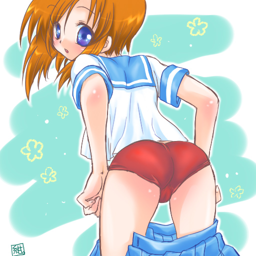 ryuuguu rena, higurashi no naku koro ni, 00s, ass, blue eyes, buruma, changing, gym uniform, short hair, solo, undressing