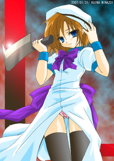 minazoi kuina, ryuuguu rena, higurashi no naku koro ni, 00s, 1girl, billhook, blue eyes, female focus, hashitsuki nata, hatchet, nata (tool), panties, short hair, solo, thighhighs, underwear, weapon