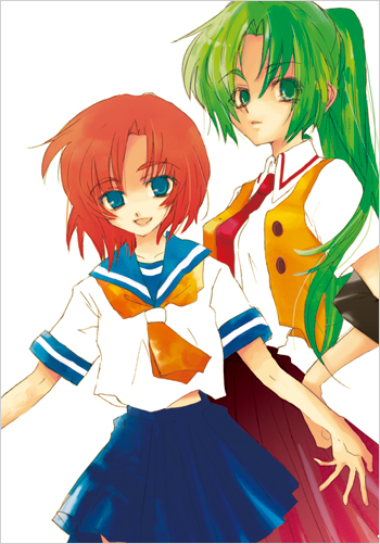 ryuuguu rena, sonozaki mion, higurashi no naku koro ni, 00s, 2girls, blue eyes, green eyes, long hair, multiple girls, necktie, red necktie, school uniform, serafuku, short hair