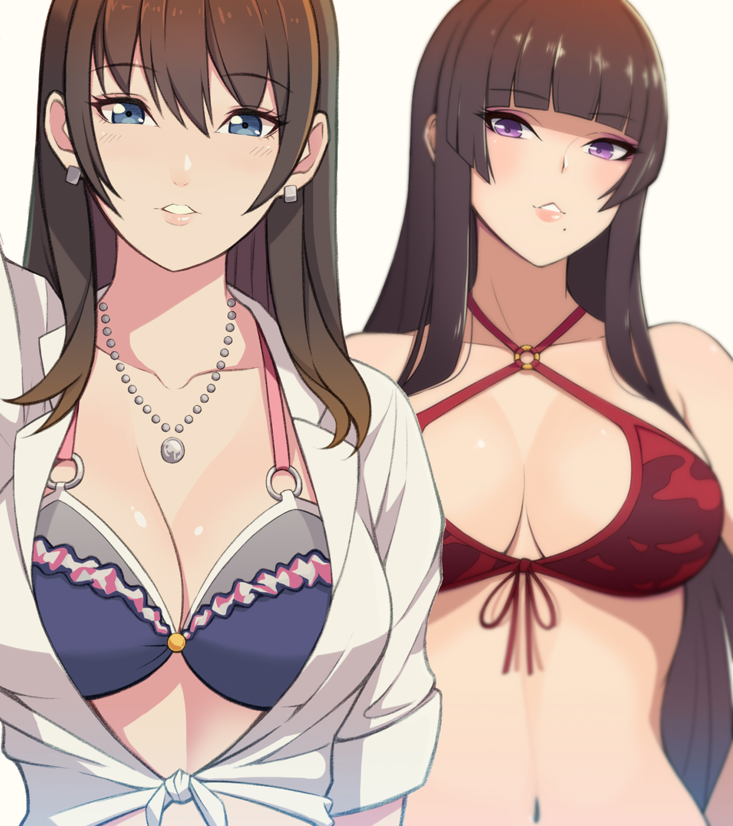 konishiki (52siki), nanami (doa), nyotengu, dead or alive, dead or alive xtreme, highres, 2girls, bikini, bikini under clothes, black hair, blue eyes, blunt bangs, bra, breasts, cleavage, collar, collarbone, earrings, hair between eyes, hime cut, jewelry, large breasts, long hair, looking at viewer, mole, mole under mouth, multiple girls, navel, necklace, purple eyes, red bra, shirt, simple background, smile, swimsuit, teeth, tied shirt, underwear, upper body, white background, white shirt