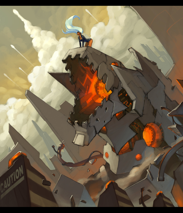 robert kim, 1girl, all fours, blue hair, cloud, letterboxed, long hair, mecha, robot, sky, white hair
