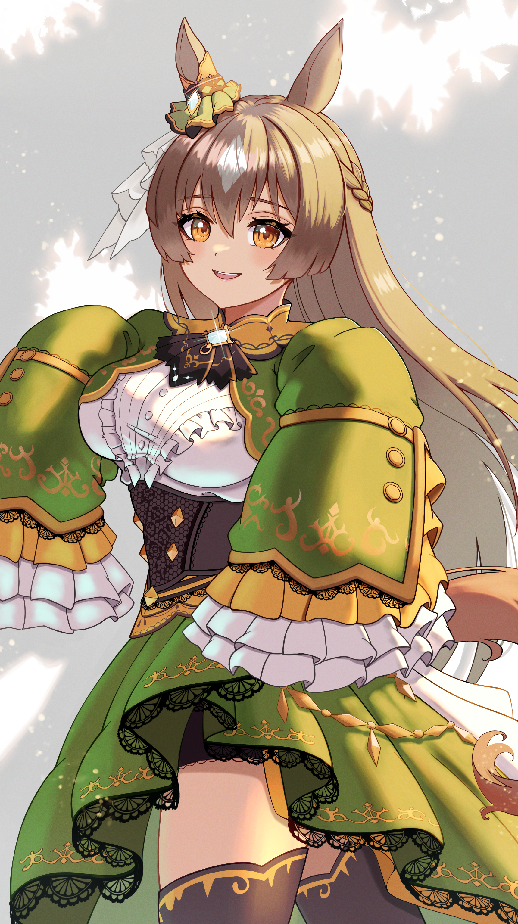 elmo (st elmomomo), satono diamond (umamusume), umamusume, absurdres, highres, 1girl, :d, animal ears, black corset, black thighhighs, braid, breasts, brown hair, corset, cowboy shot, diamond (shape), dot nose, dress, ear ornament, frilled sleeves, frills, gem, gold trim, green dress, green sleeves, hair between eyes, horse ears, horse girl, horse tail, large breasts, long hair, looking at viewer, open mouth, satono diamond (natural brilliance) (umamusume), shadow, single braid, sleeves past wrists, smile, solo, sparkle, tail, teeth, thighhighs, upper teeth only, wide sleeves, yellow eyes