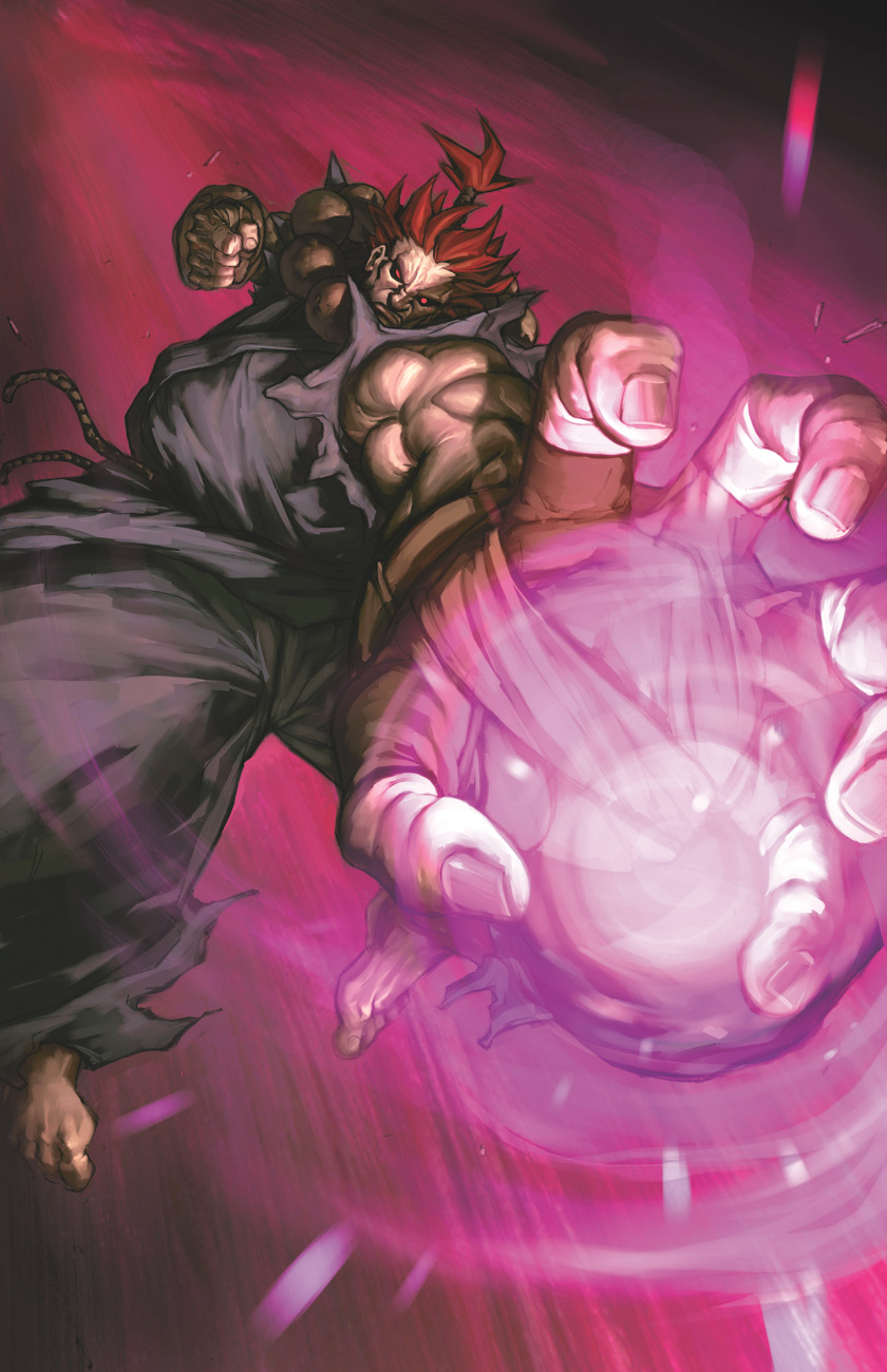 arnold tsang, udon entertainment, akuma (street fighter), capcom, street fighter, highres, 1boy, aura, jumping, magic, male focus, manly, muscular, ponytail, red eyes, red hair, solo