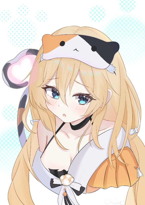 chokei, michele (feline energy) (strinova), michele (strinova), strinova, 1girl, :o, blonde hair, blue eyes, blush, breasts, cat tail, cleavage, collarbone, fake tail, hair between eyes, hair tie, halterneck, heart, long hair, looking at viewer, loose clothes, low twintails, medium breasts, off shoulder, official alternate costume, open mouth, simple background, sleep mask, solo, tail, twintails, white background