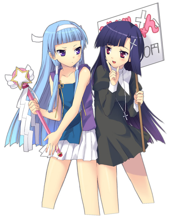 fuyuichi, nagi, zange, kannagi, 00s, 2girls, blunt bangs, cowboy shot, cropped legs, holding, holding sign, multiple girls, pleated skirt, siblings, sign, sisters, skirt, wand, white skirt