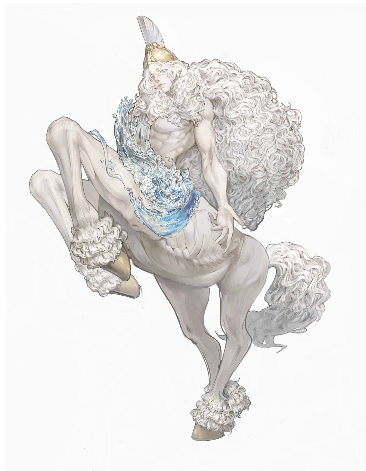gtcpst, original, chinese commentary, highres, 1boy, abs, ancient greek clothes, aqua eyes, bare pectorals, beckoning, big hair, centaur, chiton, closed mouth, full body, greco-roman clothes, hair between eyes, helmet, liquid clothes, long hair, looking at viewer, male focus, muscular, muscular male, pale skin, pectorals, simple background, single bare shoulder, solo, standing, standing on one leg, taur, very long hair, wavy hair, white background, white hair