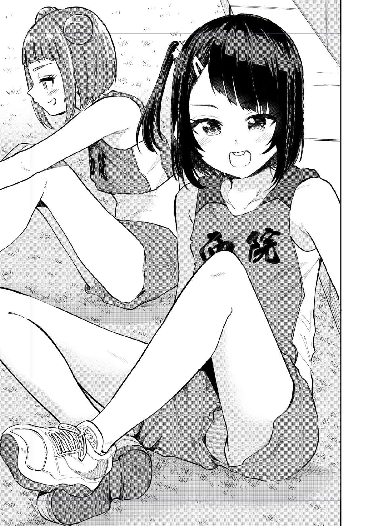 nyankosisyou, original, commentary request, highres, 2girls, blush, crop top, double bun, greyscale, gym shorts, gym uniform, hair bun, hair ornament, hairclip, knees up, midriff, monochrome, multiple girls, on ground, one side up, open mouth, panties, pantyshot, print tank top, rectangular mouth, shoes, short hair, short shorts, shorts, sitting, sneakers, star (symbol), star hair ornament, striped clothes, striped panties, two side up, underwear, upshorts