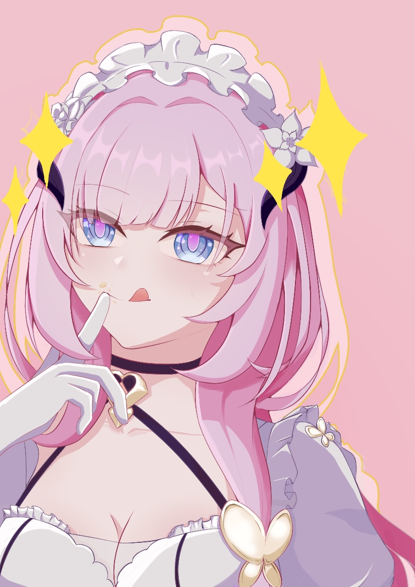 bim1188170, elysia (honkai impact), elysia (miss pink) (honkai impact), elysia (miss pink elf) (honkai impact), honkai (series), honkai impact 3rd, chinese commentary, commentary request, 1girl, blue eyes, breasts, butterfly hair ornament, cleavage, dress, fake horns, gloves, hair ornament, horns, large breasts, licking, maid, maid headdress, official alternate costume, pink background, pink hair, purple hair, solo, upper body, white dress, white gloves