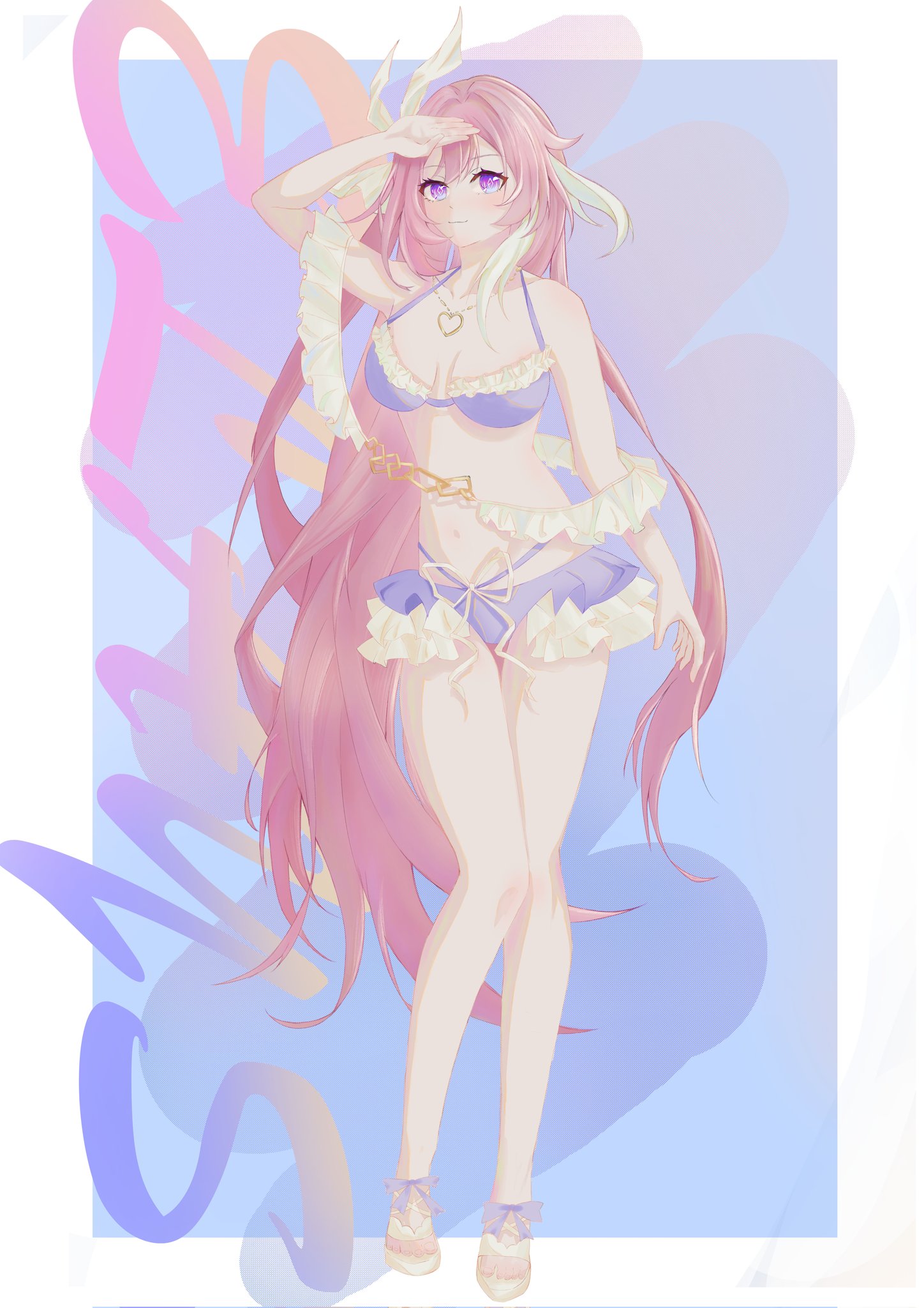 bim1188170, elysia (herrscher of human: ego) (honkai impact), elysia (honkai impact), elysia (summer 2023) (honkai impact), honkai (series), honkai impact 3rd, commentary, highres, 1girl, bikini, blue background, border, breasts, character name, diamond-shaped pupils, diamond (shape), full body, heart, heart necklace, jewelry, large breasts, long hair, multicolored hair, navel, necklace, official alternate costume, pink hair, purple bikini, purple eyes, sandals, smile, solo, stomach, swimsuit, symbol-shaped pupils, two-tone hair, very long hair, white border, white hair