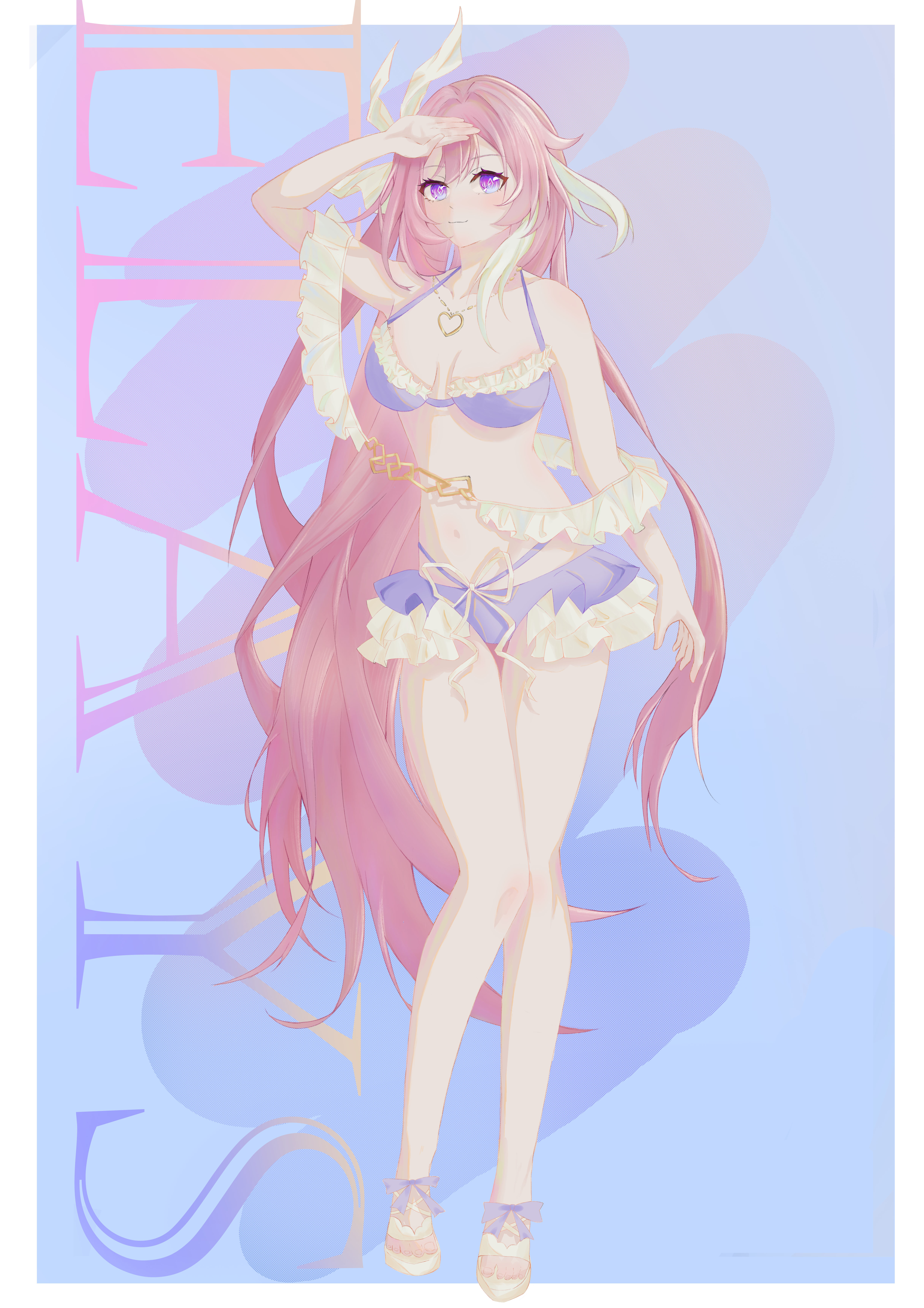bim1188170, elysia (herrscher of human: ego) (honkai impact), elysia (honkai impact), elysia (summer 2023) (honkai impact), honkai (series), honkai impact 3rd, absurdres, chinese commentary, commentary request, highres, mixed-language commentary, 1girl, bikini, blue background, border, breasts, character name, diamond-shaped pupils, diamond (shape), full body, heart, heart necklace, jewelry, large breasts, long hair, multicolored hair, navel, necklace, official alternate costume, pink hair, purple bikini, purple eyes, sandals, smile, solo, stomach, swimsuit, symbol-shaped pupils, two-tone hair, very long hair, white border, white hair