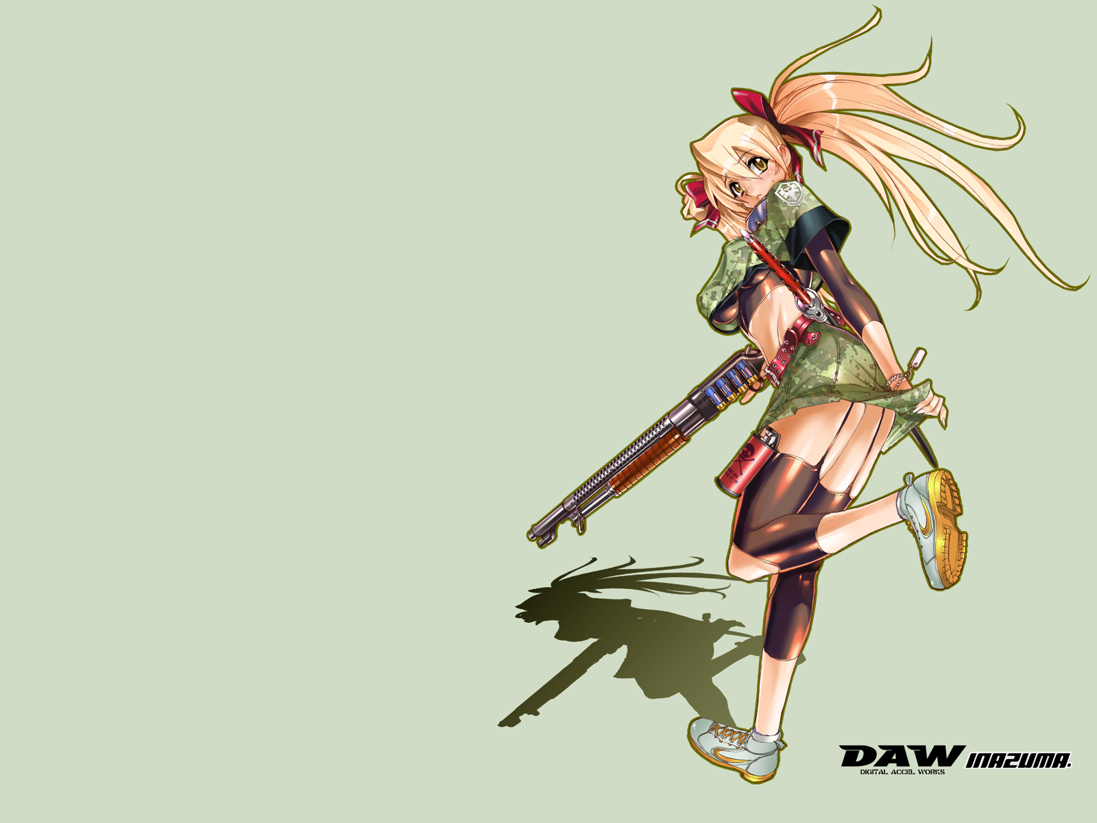 satou shouji, highres, belt, breasts, brown eyes, brown hair, explosive, garter belt, grenade, gun, katana, large breasts, pump action, shadow, shoes, shotgun, skin tight, solo, spandex, sword, thighhighs, tight clothes, underboob, weapon, winchester model 1897