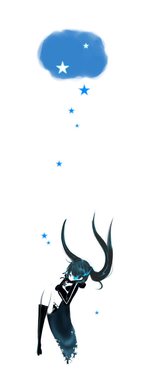 kageji, black rock shooter (character), black rock shooter, bad id, bad pixiv id, highres, 10s, 1girl, black hair, blacku00e2u02dcu2026rock shooter, blue eyes, female focus, full body, monochrome, simple background, solo, star (symbol), twintails