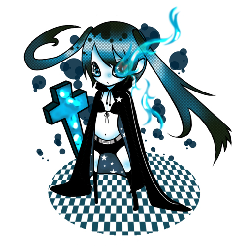 kageji, black rock shooter (character), hatsune miku, black rock shooter, vocaloid, bad id, bad pixiv id, lowres, 10s, 1girl, belt, blacku00e2u02dcu2026rock shooter, blue eyes, chibi, cross, female focus, flat chest, full body, latin cross, midriff, monochrome, navel, shorts, solo, spot color, twintails