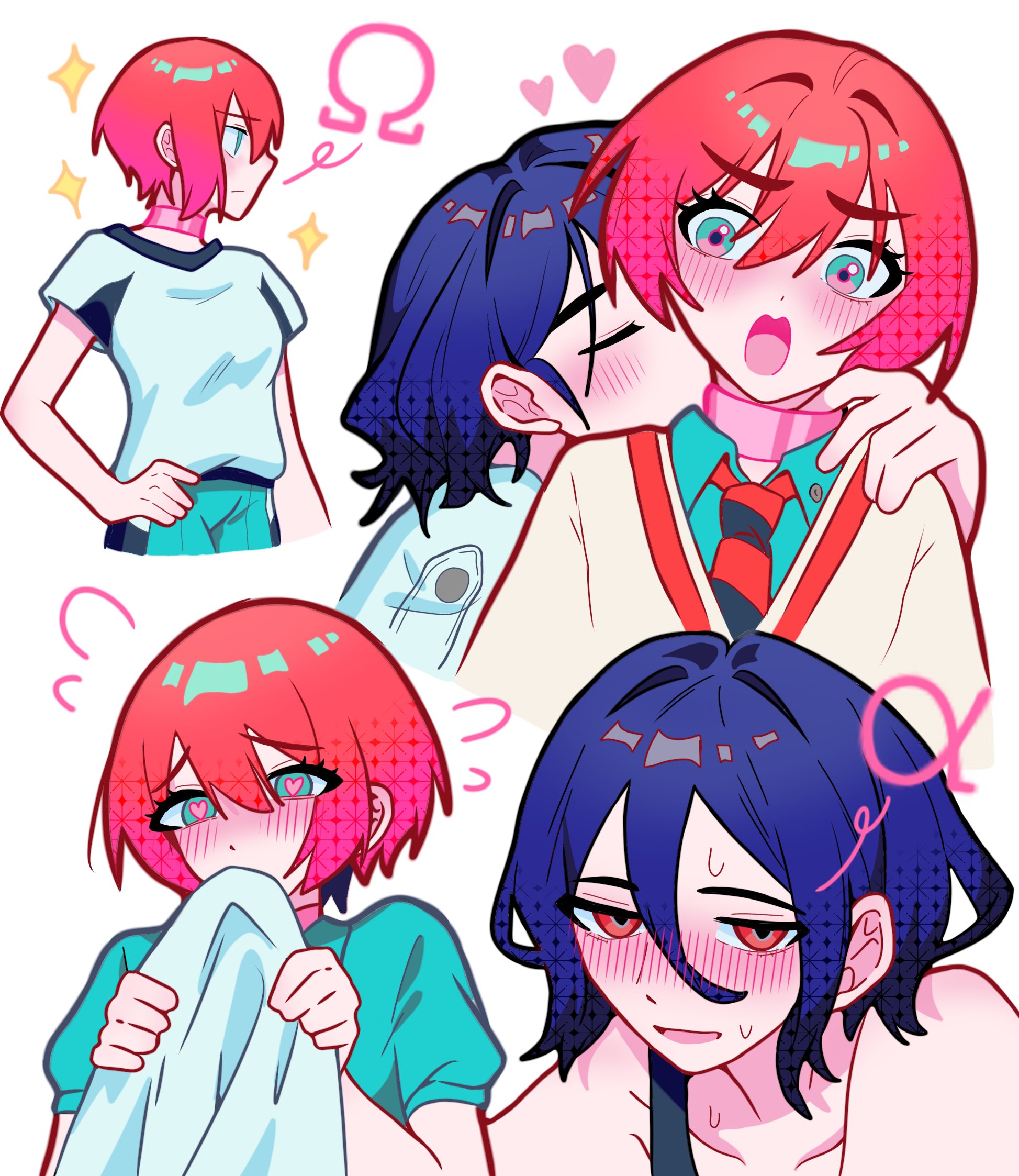 amate yuzuriha, shuji ito, gundam, gundam gquuuuuux, commentary, highres, 1boy, 1girl, aqua eyes, aqua shirt, aqua skirt, blue hair, blush, breasts, collared shirt, colored inner hair, heart, heart-shaped pupils, holding, long sleeves, looking at viewer, multicolored hair, necktie, nut87501, open mouth, purple hair, red eyes, red hair, school uniform, shirt, short hair, skirt, smile, sweat, sweatdrop, sweater, symbol-shaped pupils, tank top, two-tone hair, white shirt