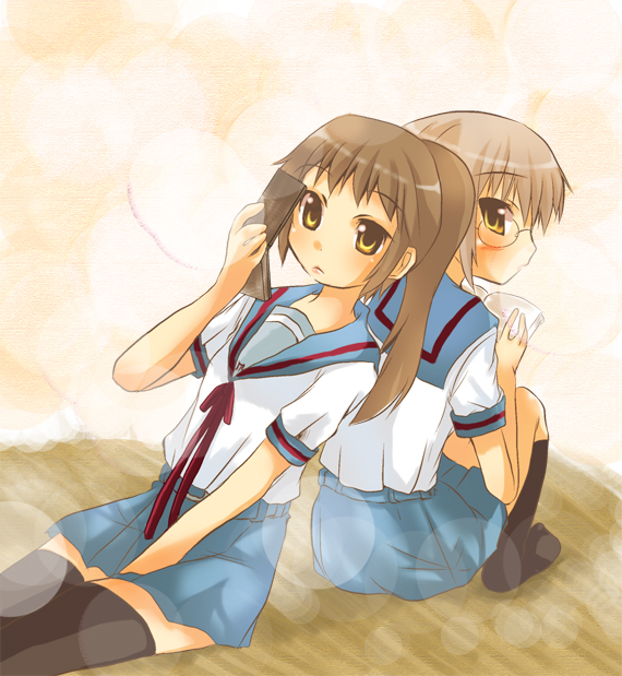 eryu, kyonko, nagato yuki, suzumiya haruhi no yuuutsu, 00s, 2girls, back-to-back, brown eyes, brown hair, genderswap, genderswap (mtf), glasses, multiple girls, ponytail, school uniform, serafuku, sitting, thighhighs, zettai ryouiki