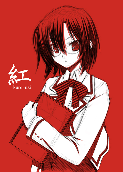 gaou (babel), murakami ginko, kure-nai, kurenai, 00s, 1girl, female focus, glasses, monochrome, red background, red theme, school uniform, serafuku, sketch, solo