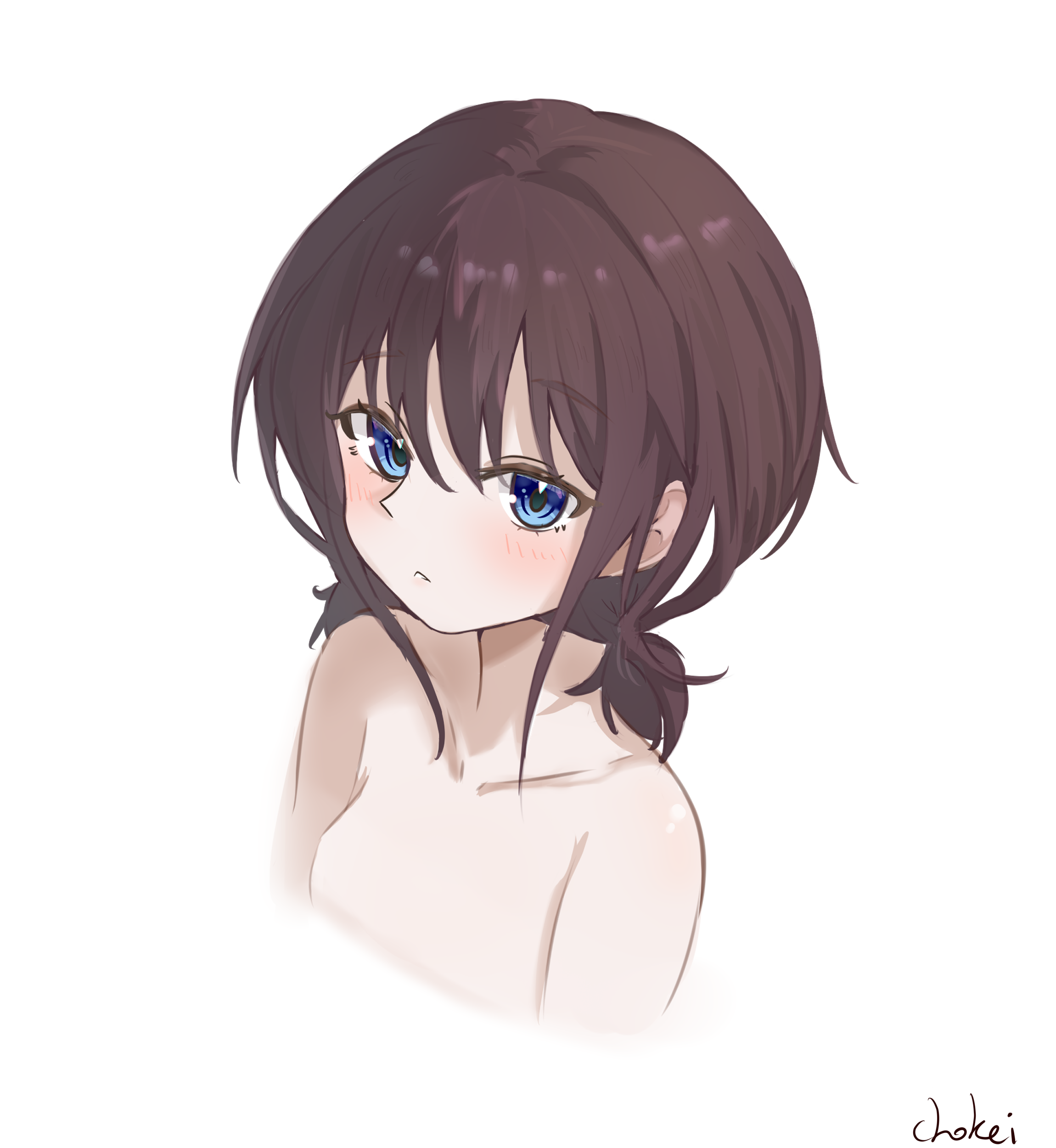 chokei, iseri nina, girls band cry, absurdres, highres, 1girl, :<, armpit crease, bare shoulders, blue eyes, blush, breasts, brown hair, collarbone, from side, hair between eyes, hair tie, medium hair, nude, sidelocks, simple background, small breasts, solo, white background