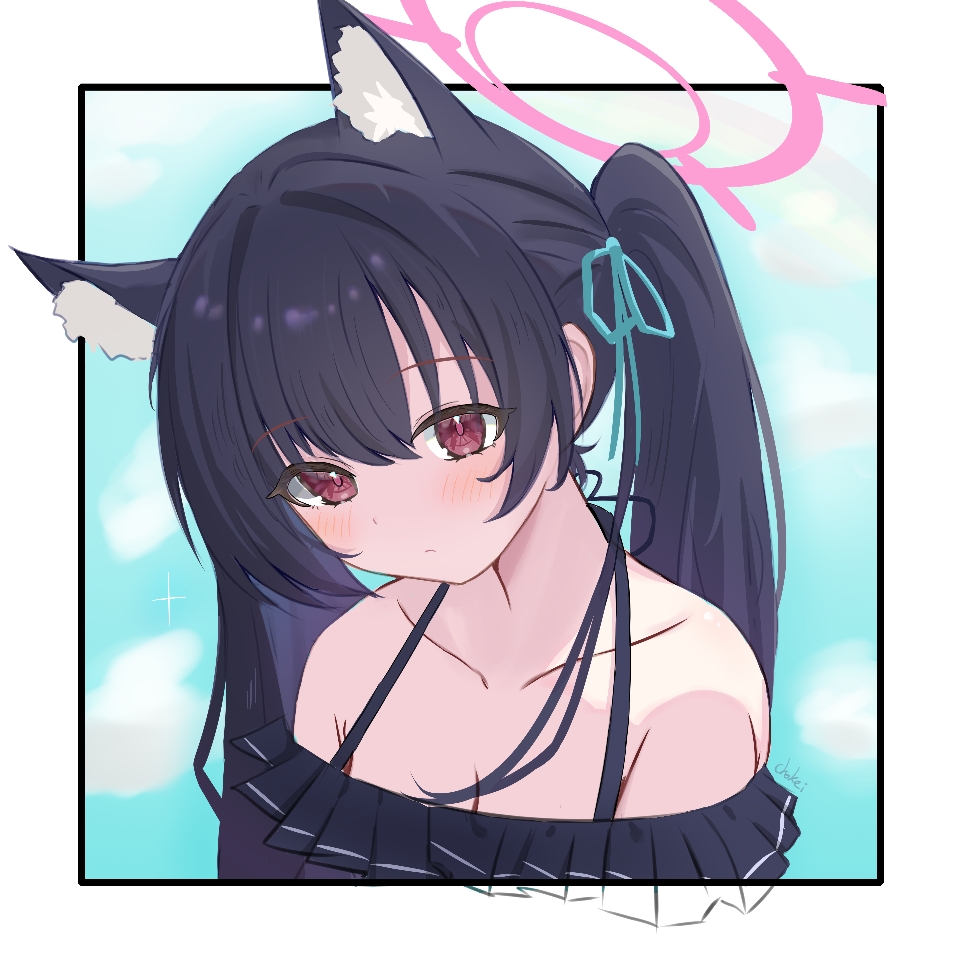 chokei, serika (blue archive), serika (swimsuit) (blue archive), blue archive, 1girl, animal ear fluff, animal ears, bikini, black hair, blush, breasts, cat ears, cat girl, cleavage, cloud, collarbone, dot nose, frilled bikini, frills, hair ribbon, hair tie, halo, halterneck, head tilt, long hair, red eyes, ribbon, simple background, sky, small breasts, solo, swimsuit, twintails
