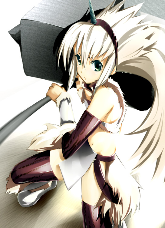 yukari (konekonekozou), capcom, monster hunter (series), fur, 1girl, female focus, gauntlets, green eyes, hairband, hammer, horns, kirin (armor), long hair, single horn, solo, thighhighs, white hair