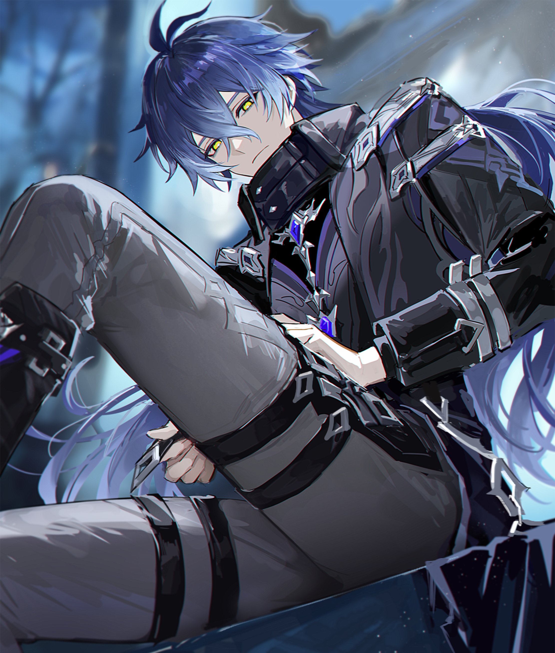 fractalmagnolia, flins (genshin impact), genshin impact, absurdres, highres, 1boy, black boots, black coat, blurry, blurry background, boots, closed mouth, coat, feet out of frame, from below, grey pants, hair between eyes, knee up, leg belt, long hair, looking at viewer, looking down, male focus, outdoors, pants, purple hair, sitting, solo, very long hair, yellow eyes