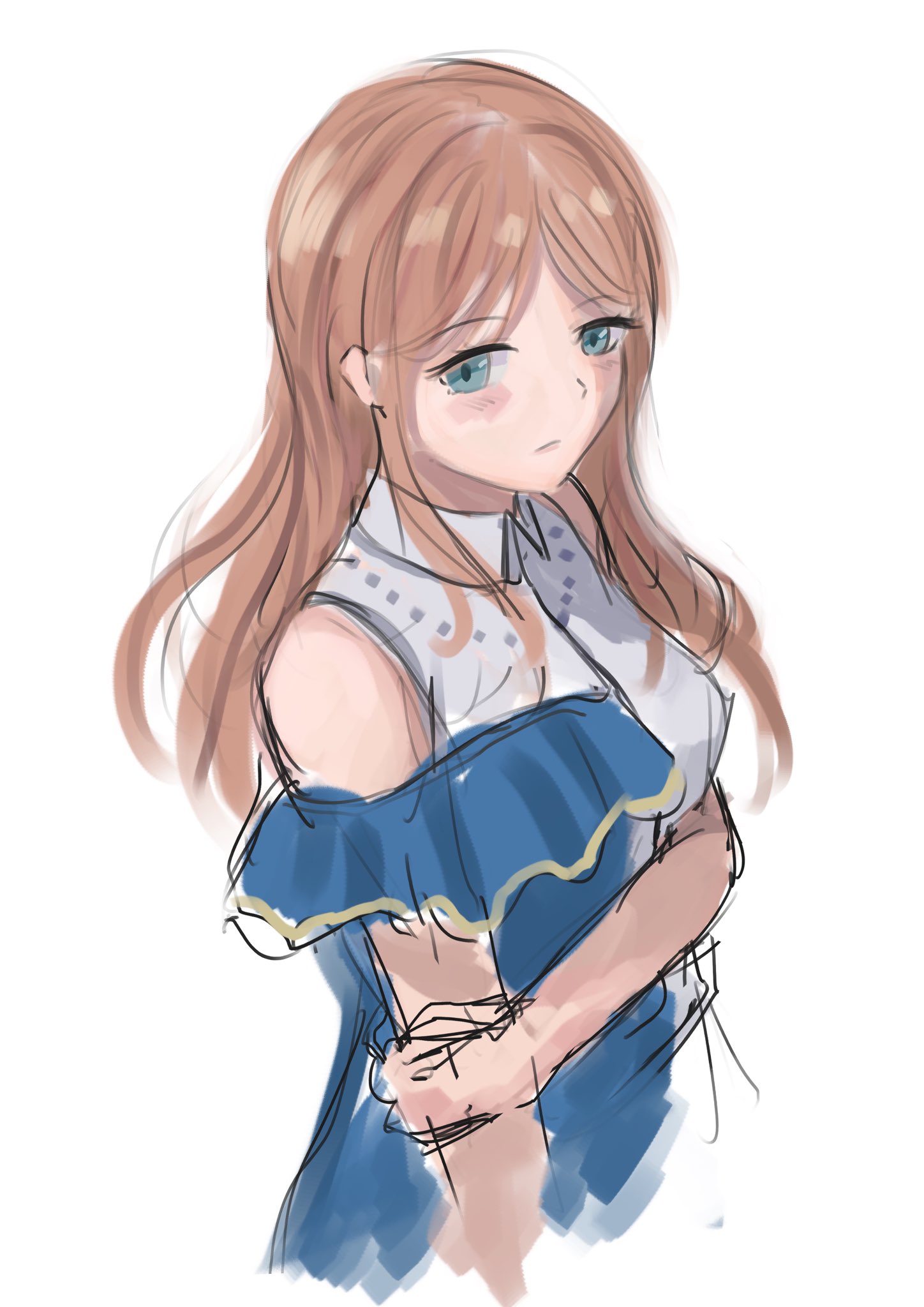 sunnysalt 08, nagasaki soyo, bang dream!, bang dream! it's mygo!!!!!, commentary request, highres, 1girl, blue eyes, blush, brown hair, closed mouth, clothing cutout, holding own arm, long hair, shoulder cutout, sidelocks, simple background, solo, white background