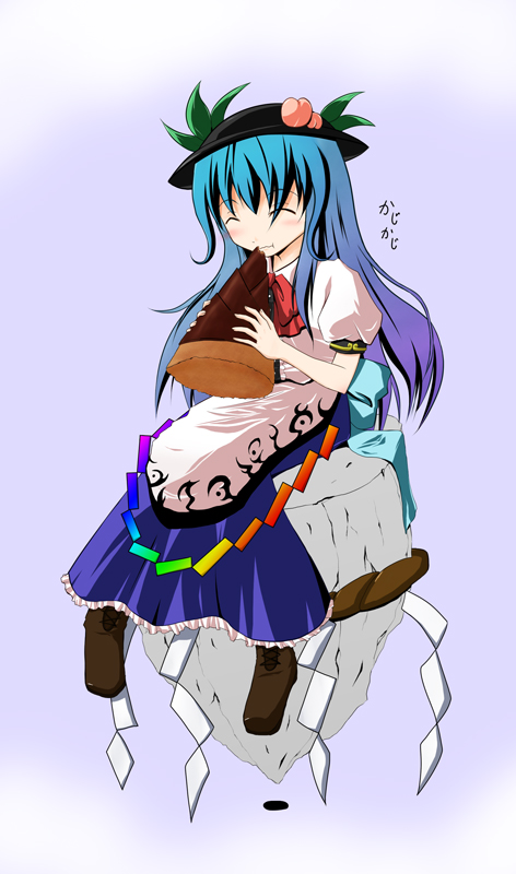 mujin (nodate), hinanawi tenshi, touhou, 1girl, bamboo shoot, blue hair, eating, female focus, food, fruit, hat, holding, kaname-ishi, long hair, peach, rope, shide, shimenawa, solo