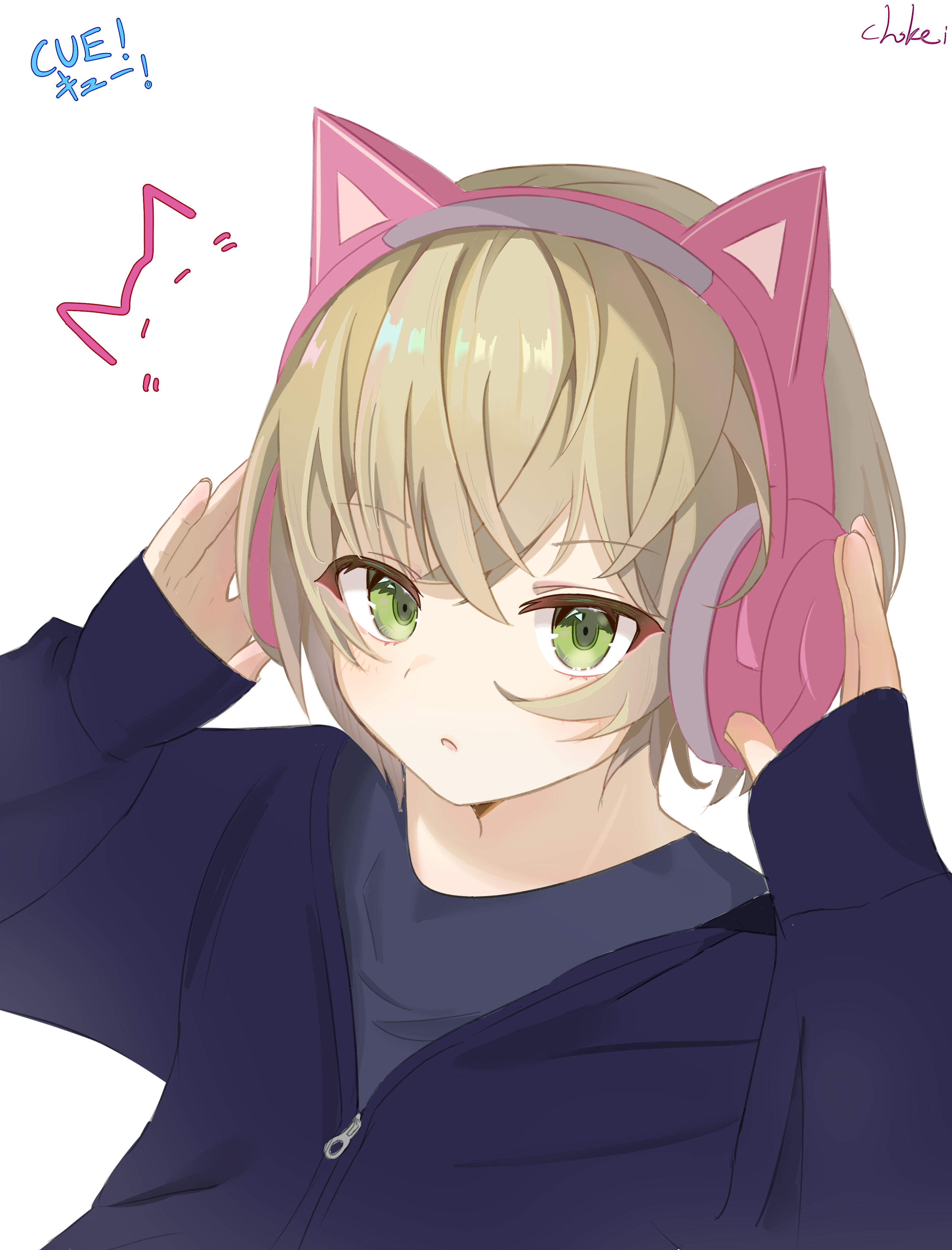 chokei, toomi mei, cue!, 1girl, animal ear headphones, animal ears, blonde hair, cat ear headphones, fake animal ears, flat chest, from side, green eyes, hands up, headphones, long sleeves, looking at viewer, open mouth, short hair, simple background, sleeves past wrists, solo, white background, zipper
