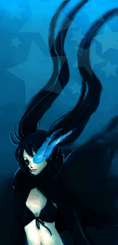noriko (hacca0414), noriko (pixiv), black rock shooter (character), hatsune miku, black rock shooter, vocaloid, 10s, 1girl, black hair, blacku00e2u02dcu2026rock shooter, blue eyes, female focus, midriff, navel, solo, twintails