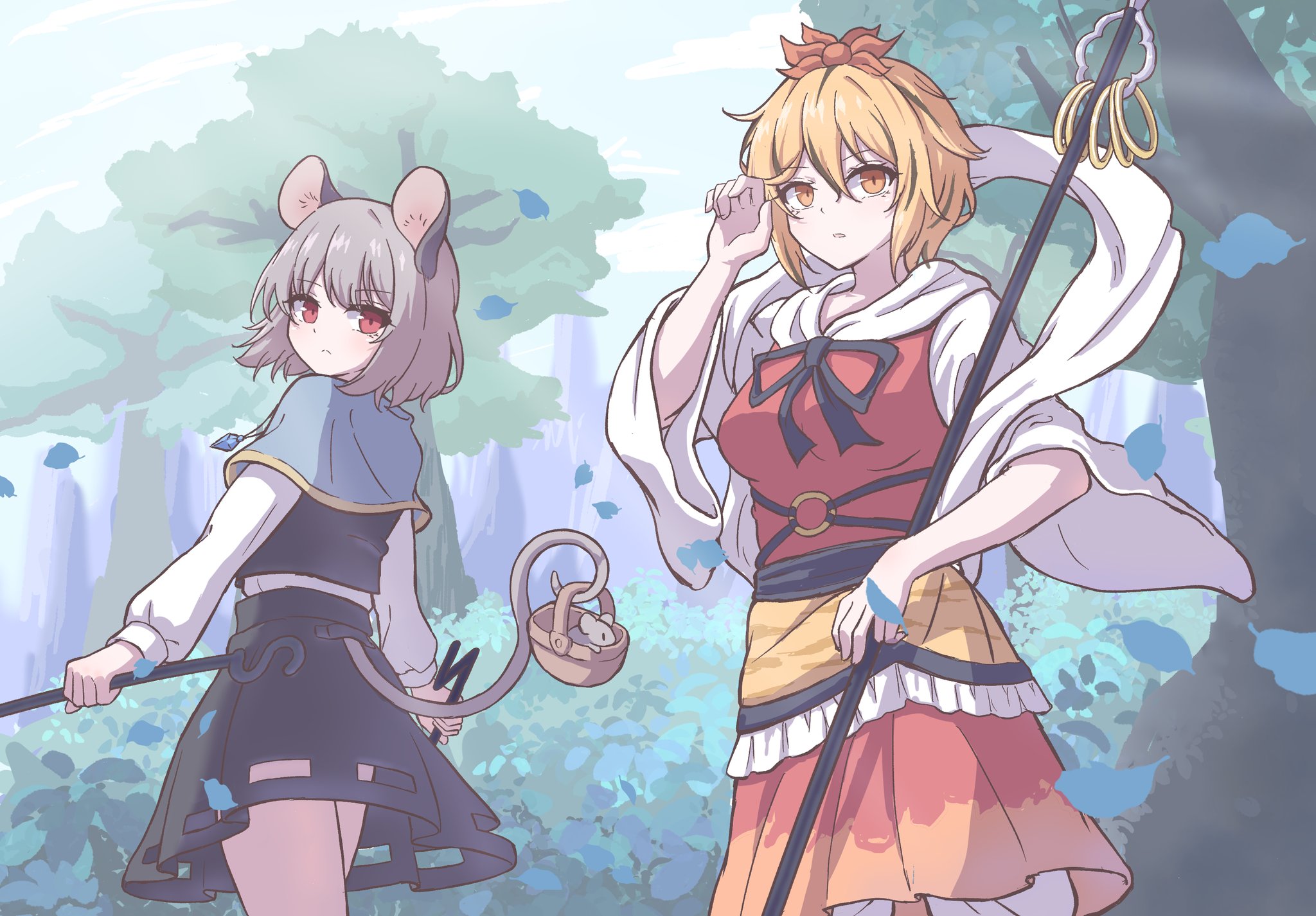hihi (cvwv4322), nazrin, toramaru shou, touhou, highres, 2girls, :<, animal ears, animal print, basket, bishamonten's spear, black ribbon, black vest, blonde hair, blue capelet, breasts, capelet, cloud, dowsing rod, grey hair, grey shirt, grey skirt, hagoromo, hair ornament, hand up, holding, holding staff, jewelry, leaf, long sleeves, looking ahead, looking back, medium breasts, mouse (animal), mouse ears, mouse girl, mouse tail, multicolored hair, multicolored skirt, multiple girls, neck ribbon, necklace, o-ring, orange eyes, outdoors, pants, pants under skirt, parted lips, pendant, prehensile tail, puffy long sleeves, puffy sleeves, red eyes, ribbon, shakujou, shawl, shirt, short hair, skirt, staff, streaked hair, tail, tiger print, tree, vest, wide sleeves