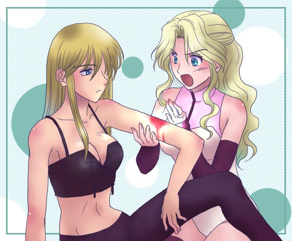 soranokaze15, cain highwind, rosa farrell, final fantasy, final fantasy iv, 1990s (style), 2girls, bare shoulders, blonde hair, blood, blue eyes, breasts, cleavage, frown, genderswap, genderswap (mtf), green eyes, hair over one eye, half updo, healing, injury, kneeling, long hair, medium breasts, multiple girls, open mouth, sitting