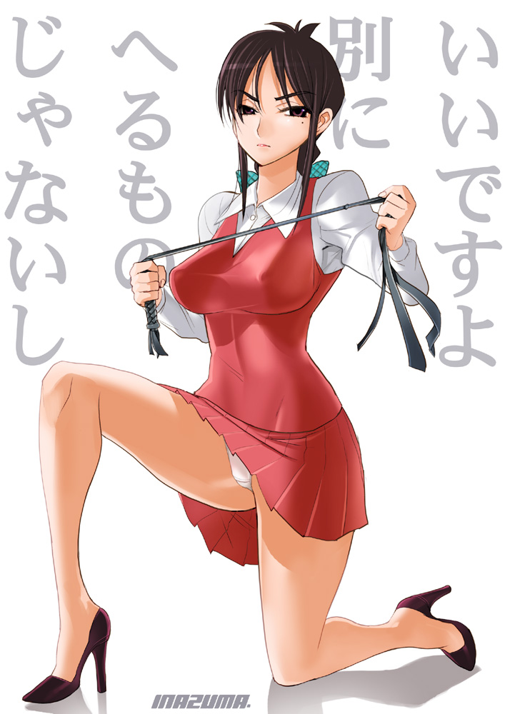 satou shouji, 1girl, black hair, breasts, covered erect nipples, dress, female focus, high heels, large breasts, mole, mole under eye, panties, pantyshot, shoes, solo, underwear, whip