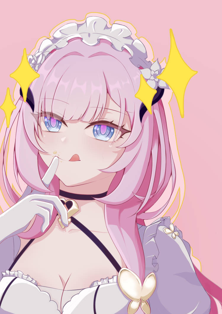 bim1188170, elysia (honkai impact), elysia (miss pink) (honkai impact), elysia (miss pink elf) (honkai impact), honkai (series), honkai impact 3rd, chinese commentary, commentary request, 1girl, blue eyes, breasts, butterfly hair ornament, cleavage, dress, fake horns, gloves, hair ornament, horns, large breasts, licking, maid, maid headdress, official alternate costume, pink background, pink hair, purple hair, solo, upper body, white dress, white gloves