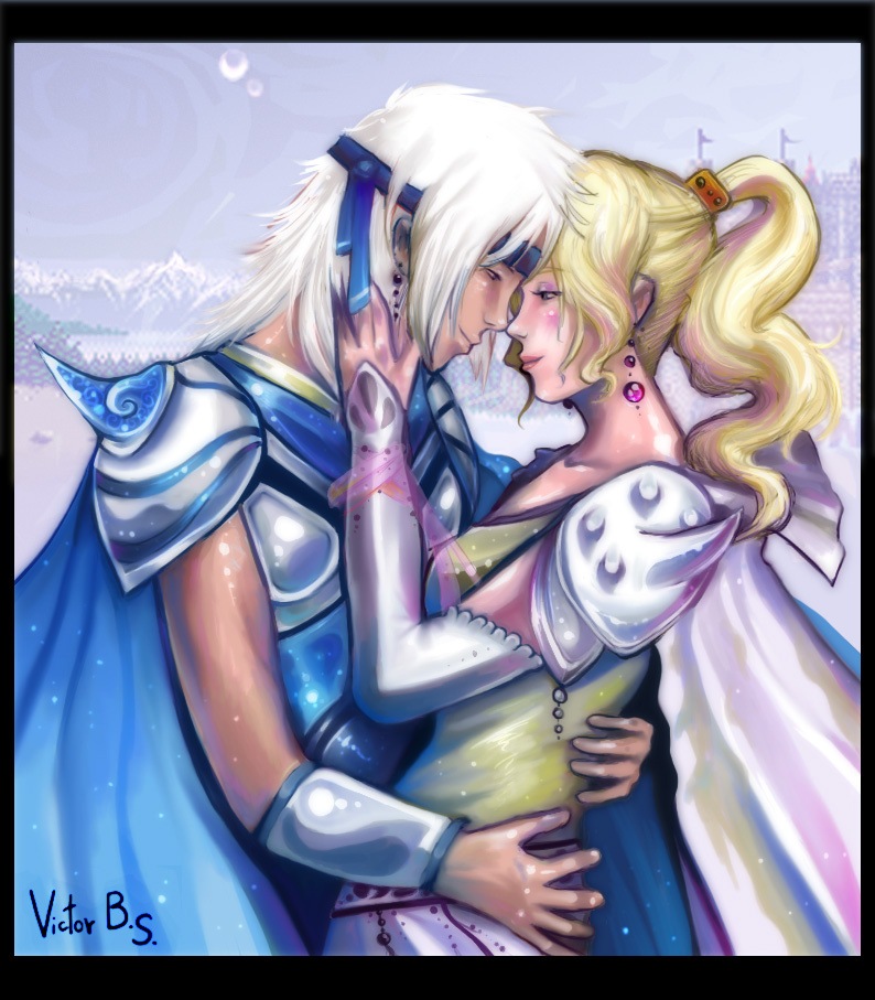 cecil harvey, rosa farrell, final fantasy, final fantasy iv, silver hair, 1990s (style), 1boy, 1girl, arm guards, armor, blonde hair, blush, breastplate, bridal gauntlets, couple, elbow gloves, from side, gloves, headband, hetero, hug, ponytail, profile, shoulder pads, smile, upper body, white gloves