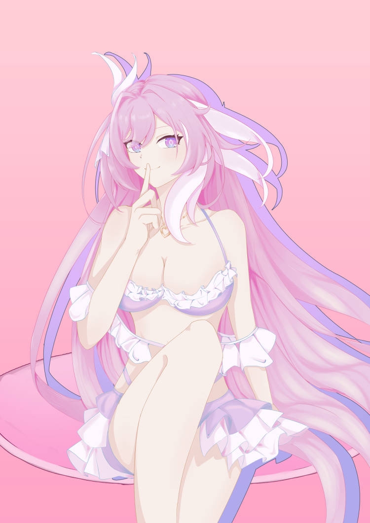 bim1188170, elysia (herrscher of human: ego) (honkai impact), elysia (honkai impact), elysia (summer 2023) (honkai impact), honkai (series), honkai impact 3rd, chinese commentary, commentary request, 1girl, bare shoulders, bikini, breasts, cleavage, diamond-shaped pupils, diamond (shape), finger to mouth, heart, heart necklace, jewelry, large breasts, long hair, multicolored hair, necklace, official alternate costume, pink background, pink hair, purple bikini, purple eyes, shushing, sitting, solo, stomach, swimsuit, symbol-shaped pupils, two-tone hair, very long hair, white hair