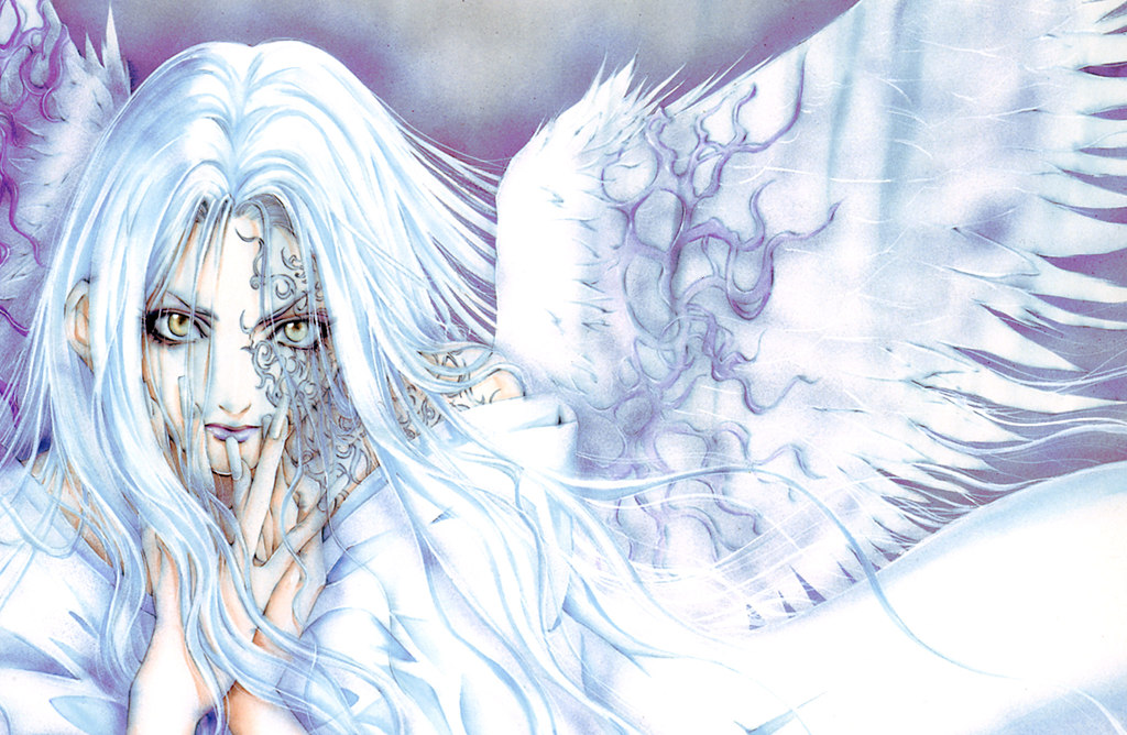 rosiel, yuki kaori, angel sanctuary, lost angel, artbook, 1boy, androgynous, angel, angel wings, fingernails, lipstick, long fingernails, long hair, makeup, male focus, nail (hardware), solo, tattoo, trap, white hair, wings, yellow eyes