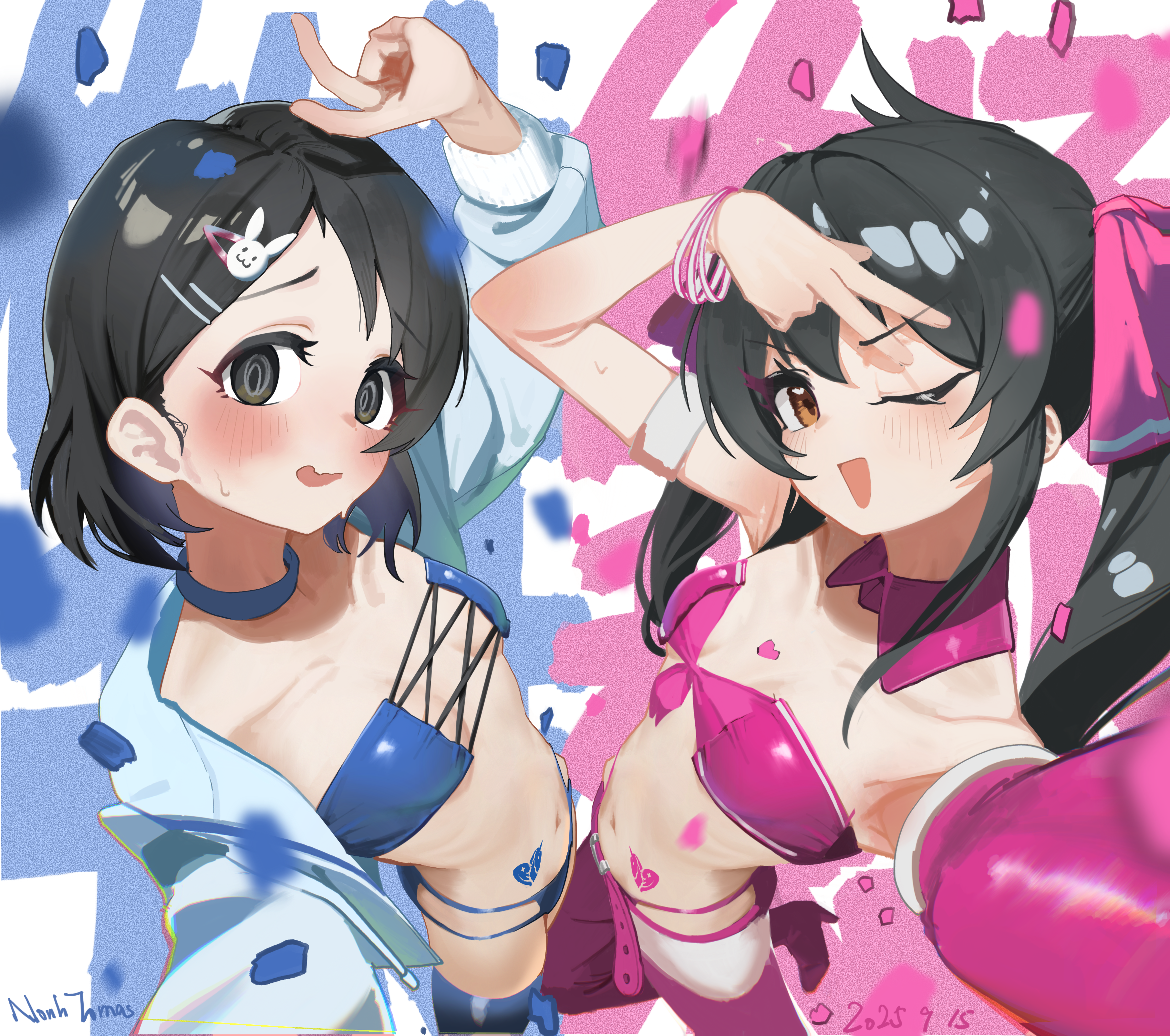 tomber, matoba risa, sasaki chie, idolmaster, idolmaster cinderella girls, idolmaster cinderella girls u149, absurdres, highres, 2girls, arms up, belt, bikini, black eyes, black hair, blue bikini, blue choker, blue jacket, blue tube top, blush, bracelet, breasts, brown eyes, choker, dated, detached collar, embarrassed, foreshortening, from above, hair ornament, heart, heart tattoo, jacket, jewelry, long hair, long sleeves, looking at viewer, multiple bracelets, multiple girls, navel, open clothes, open jacket, open mouth, outstretched arm, pink belt, pink bikini, pink tube top, rabbit hair ornament, short hair, small breasts, smile, stomach tattoo, strapless, sweat, swimsuit, tattoo, thighs, tube top, twintails, v, w