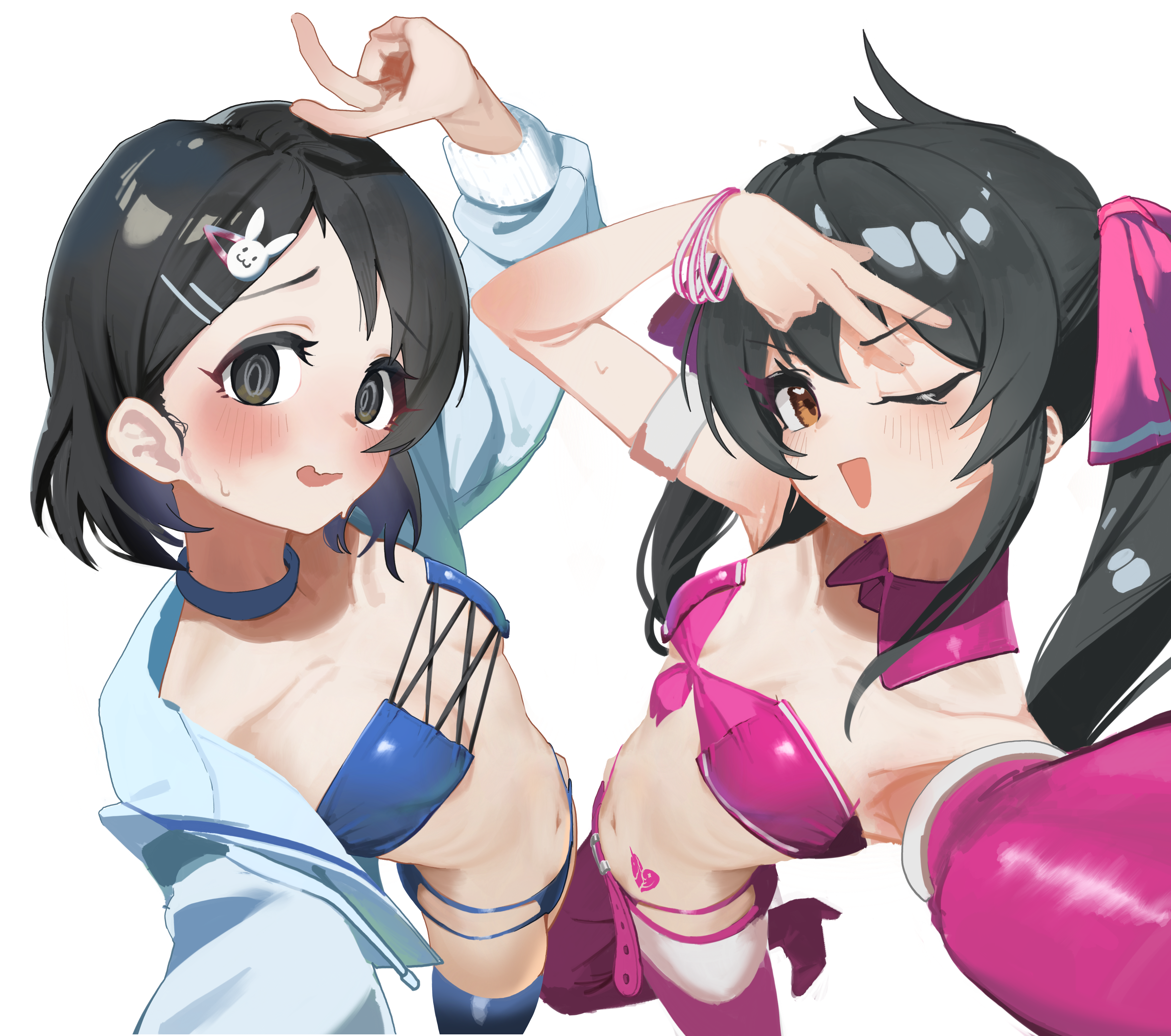tomber, matoba risa, sasaki chie, idolmaster, idolmaster cinderella girls, idolmaster cinderella girls u149, absurdres, highres, 2girls, arms up, belt, bikini, black eyes, black hair, blue bikini, blue choker, blue jacket, blue tube top, blush, bracelet, breasts, brown eyes, choker, dated, detached collar, embarrassed, foreshortening, from above, hair ornament, heart, heart tattoo, jacket, jewelry, long hair, long sleeves, looking at viewer, multiple bracelets, multiple girls, navel, open clothes, open jacket, open mouth, outstretched arm, pink belt, pink bikini, pink tube top, rabbit hair ornament, short hair, simple background, small breasts, smile, stomach tattoo, strapless, sweat, swimsuit, tattoo, thighs, tube top, twintails, v, w, white background