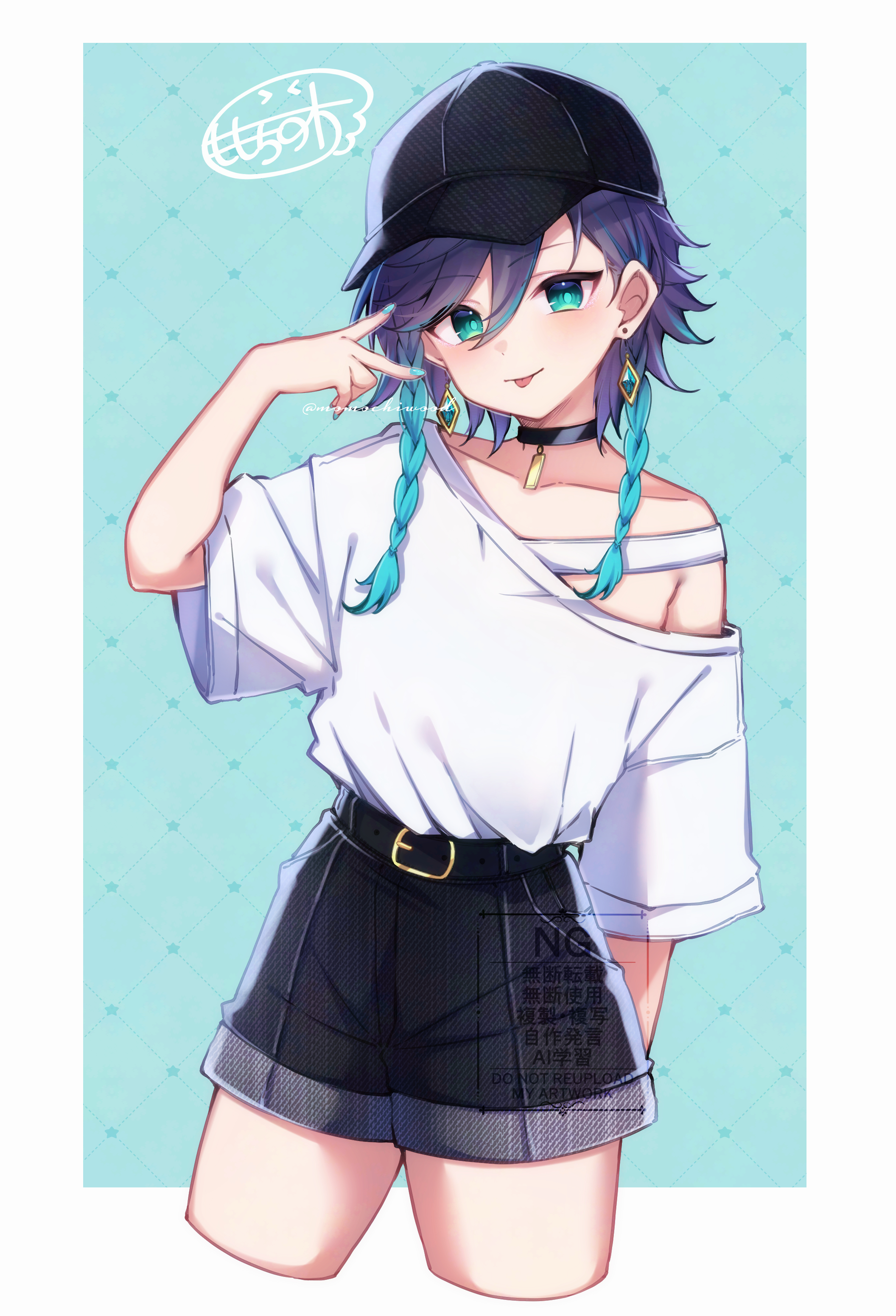 momochiwood, venti (genshin impact), genshin impact, absurdres, highres, 1boy, aqua background, aqua eyes, aqua hair, aqua nails, artist name, belt, black choker, black hat, blue hair, border, braid, choker, crossdressing, crossdressing (mtf), denim, denim shorts, dot nose, earrings, gradient eyes, gradient hair, green eyes, hat, jewelry, male focus, medium hair, multicolored eyes, multicolored hair, nail polish, off shoulder, pendant choker, shirt, shorts, signature, solo, streaked hair, t-shirt, tongue, tongue out, trap, twin braids, v, watermark, white border, white shirt