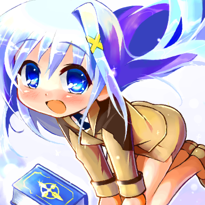 book of the azure sky, reinforce zwei, lyrical nanoha, mahou shoujo lyrical nanoha, mahou shoujo lyrical nanoha a's, mahou shoujo lyrical nanoha strikers, lowres, 00s, 1girl, blue eyes, blue hair, blush, book, chibi, female focus, hair ornament, long hair, matching hair/eyes, military, military uniform, necktie, pencil skirt, skirt, solo, x hair ornament