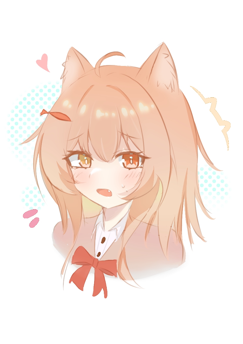chokei, 1girl, :o, ahoge, animal ear fluff, animal ears, blush, bow, bowtie, brown hair, cat ears, fang, hair ornament, hairclip, heart, heterochromia, looking at viewer, medium hair, open mouth, red eyes, simple background, solo, sweatdrop, white background, yellow eyes
