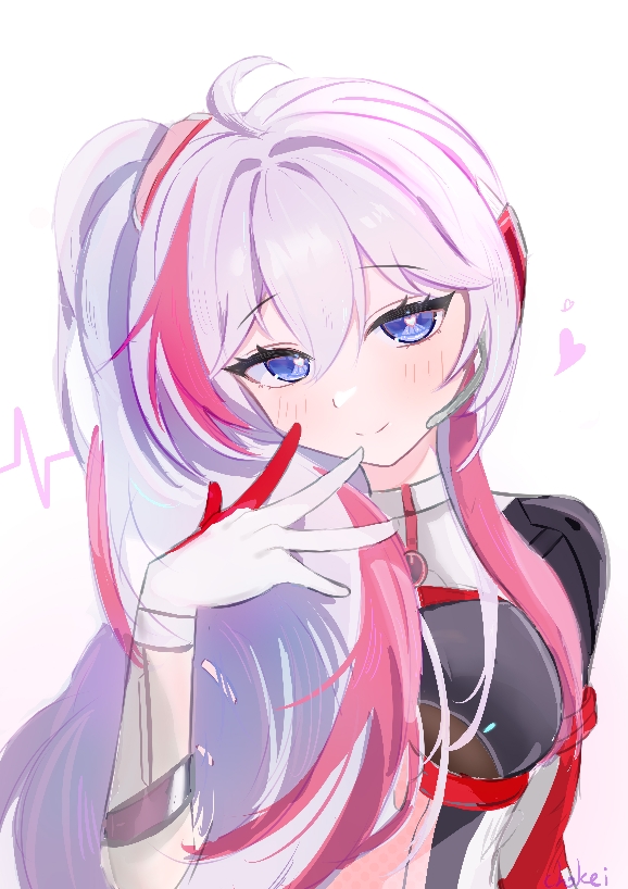 chokei, kanami (strinova), strinova, blue eyes, blush, bodysuit, breasts, cosplay, gloves, hair between eyes, hand to own mouth, hand up, hatsune miku (cosplay), heart, heart-shaped pupils, kanami (galactic idol) (strinova), long hair, looking at viewer, medium breasts, multicolored hair, pink hair, side ponytail, sidetail miku noodle stopper (meme), simple background, skin tight, smile, symbol-shaped pupils, white background, white hair