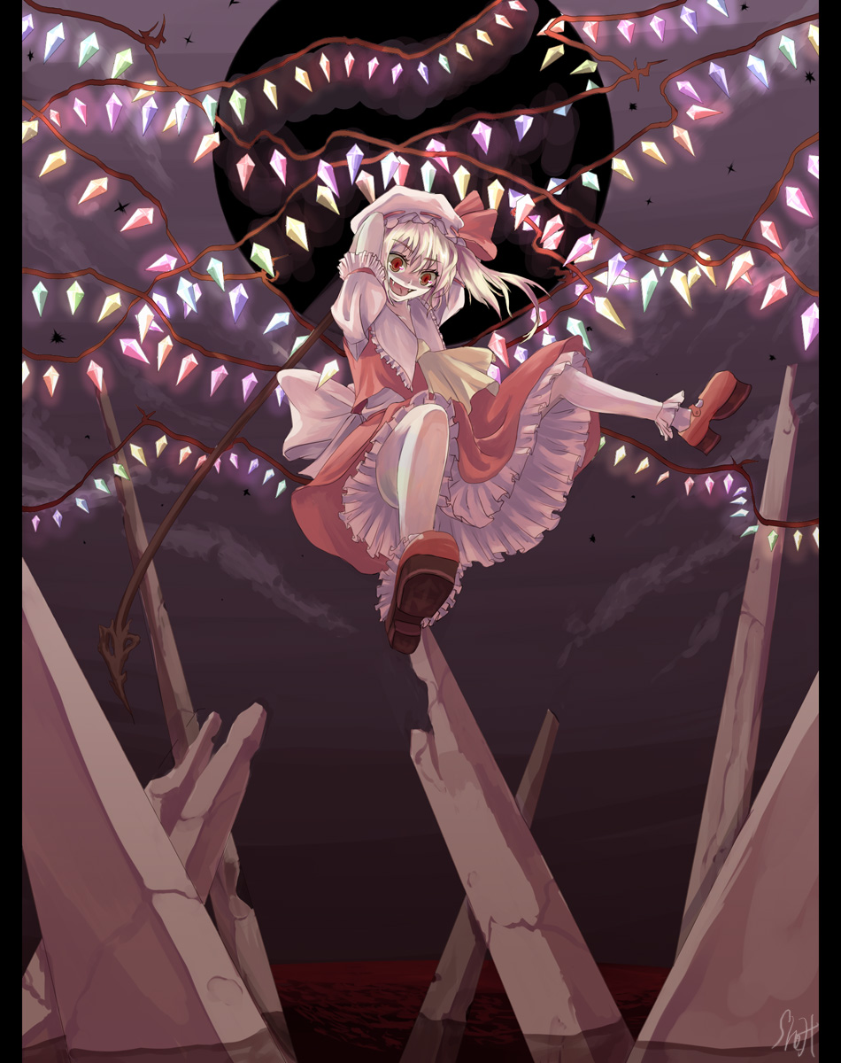 hira, hirasyo, flandre scarlet, touhou, bad id, bad pixiv id, highres, 1girl, alternate wings, blonde hair, blood, crazy, fangs, female focus, flying, hat, mob cap, ponytail, ribbon, short hair, signature, solo, wings