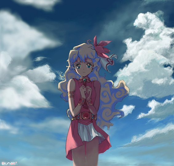 moai (aoh), moai (pixiv), nia teppelin, tengen toppa gurren lagann, bad id, bad pixiv id, + +, 00s, 1girl, armlet, blonde hair, cloud, cross-shaped pupils, day, female focus, jewelry, long hair, ribbon, signature, skirt, sky, solo, symbol-shaped pupils, thigh gap, thighs, white hair, wind, wind lift