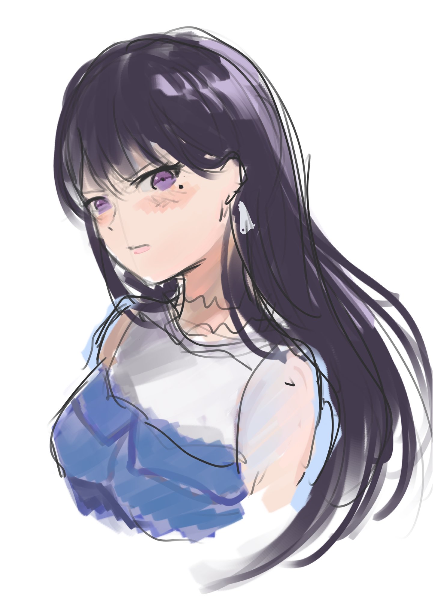 sunnysalt 08, shiina taki, bang dream!, bang dream! it's mygo!!!!!, commentary request, highres, 1girl, black hair, blush, earrings, jewelry, long hair, mole, mole under eye, open mouth, purple eyes, simple background, solo, upper body, white background