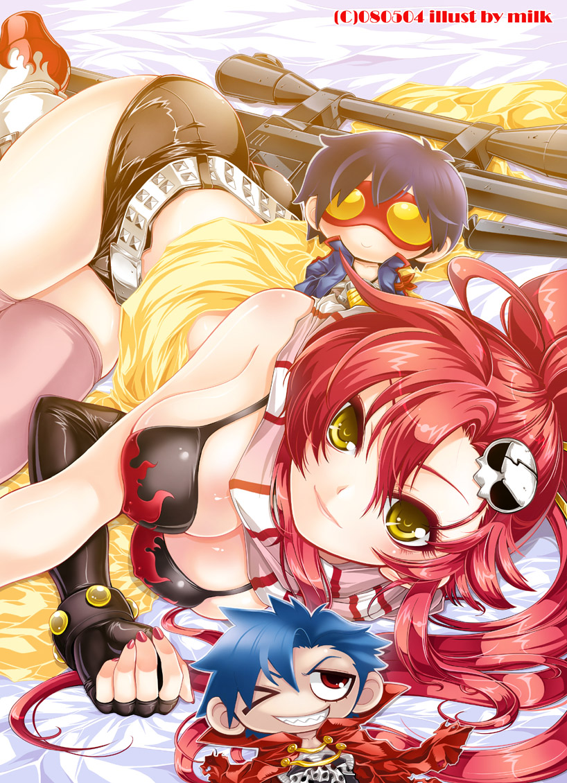 milk (niunai jai), kamina (ttgl), simon (ttgl), yoko littner, tengen toppa gurren lagann, sniper, striped, 00s, 1girl, ahoge, ankle boots, artist name, ass, bandages, bed sheet, belt, bikini, bikini top only, black bikini, black gloves, blue hair, blush, boots, bracelet, breasts, cape, character doll, cleavage, covered erect nipples, dated, doll, drill, elbow gloves, female focus, fingerless gloves, fingernails, flame print, flipped hair, gloves, goggles, grin, gun, hair ornament, hair stick, high collar, high heel boots, high heels, high ponytail, indoors, jacket, jewelry, large breasts, lingerie, long fingernails, long hair, looking at viewer, lying, nail polish, necklace, on side, one eye closed, open clothes, open jacket, pendant, pink thighhighs, ponytail, print bikini, red eyes, red hair, red nails, rifle, sash, scarf, scope, shiny clothes, short hair, short shorts, shorts, sideboob, single elbow glove, skindentation, skull hair ornament, smile, sniper rifle, solo, studded belt, studded bracelet, swimsuit, thighhighs, torn clothes, underwear, vertical stripes, very long hair, weapon, wink, yellow eyes