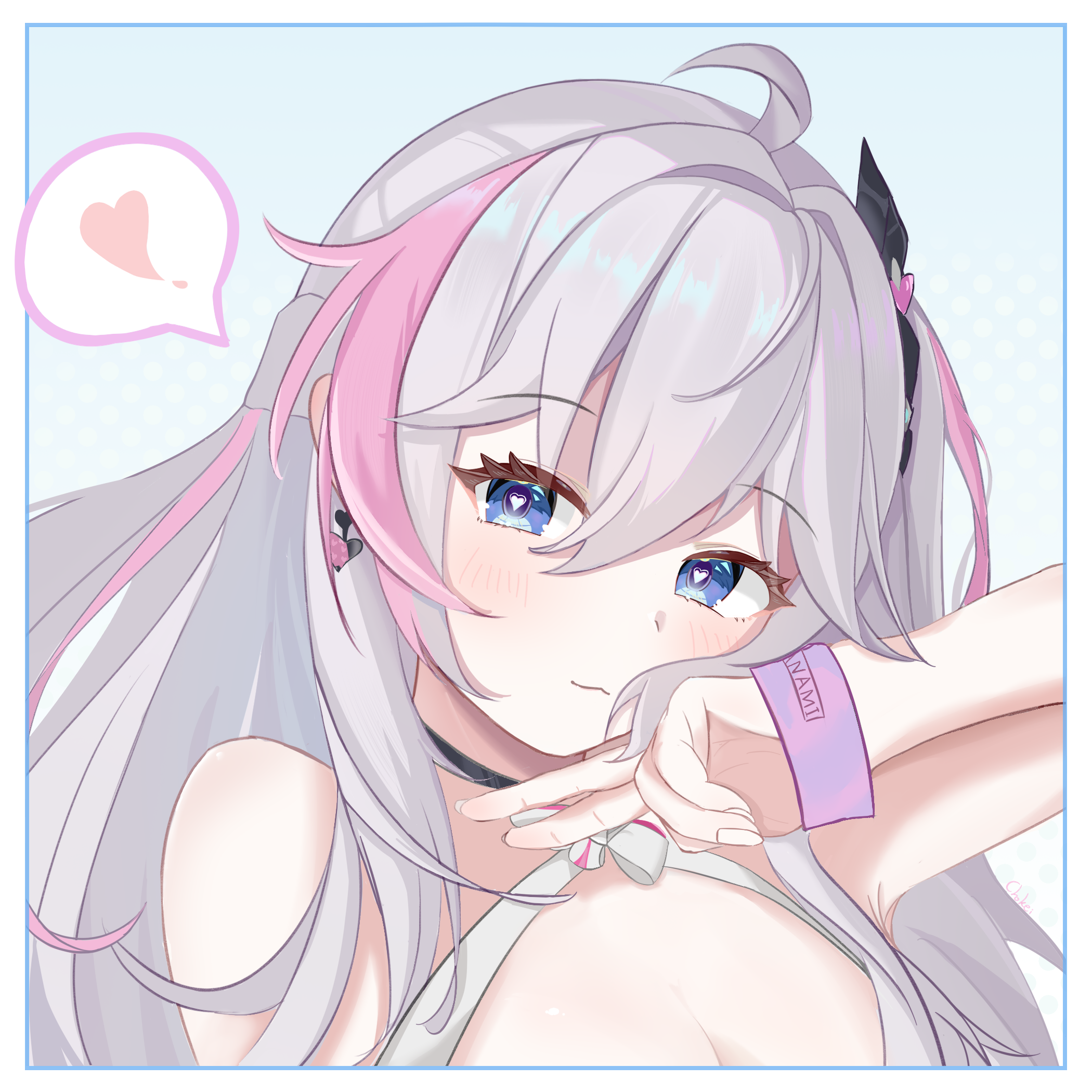 chokei, kanami (strinova), strinova, highres, 1girl, :<, ahoge, blue eyes, blush, bow, bowtie, breasts, choker, cleavage, earrings, hair between eyes, halterneck, heart, heart-shaped pupils, jewelry, long hair, looking at viewer, medium breasts, multicolored hair, pink hair, side ponytail, simple background, solo, spoken heart, symbol-shaped pupils, white hair, wristband